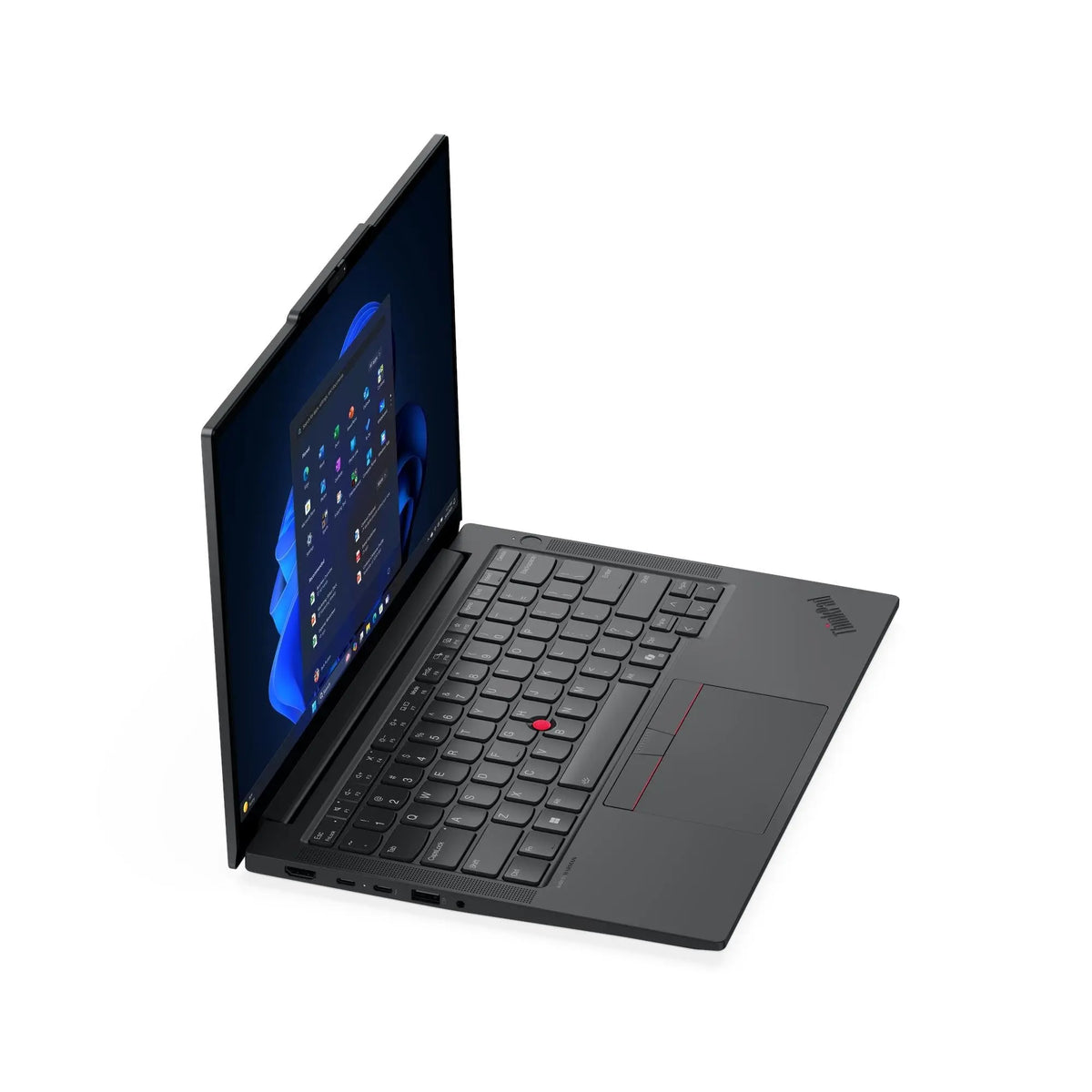 Lenovo ThinkPad E14 Gen 7 laptop open, angled from the left