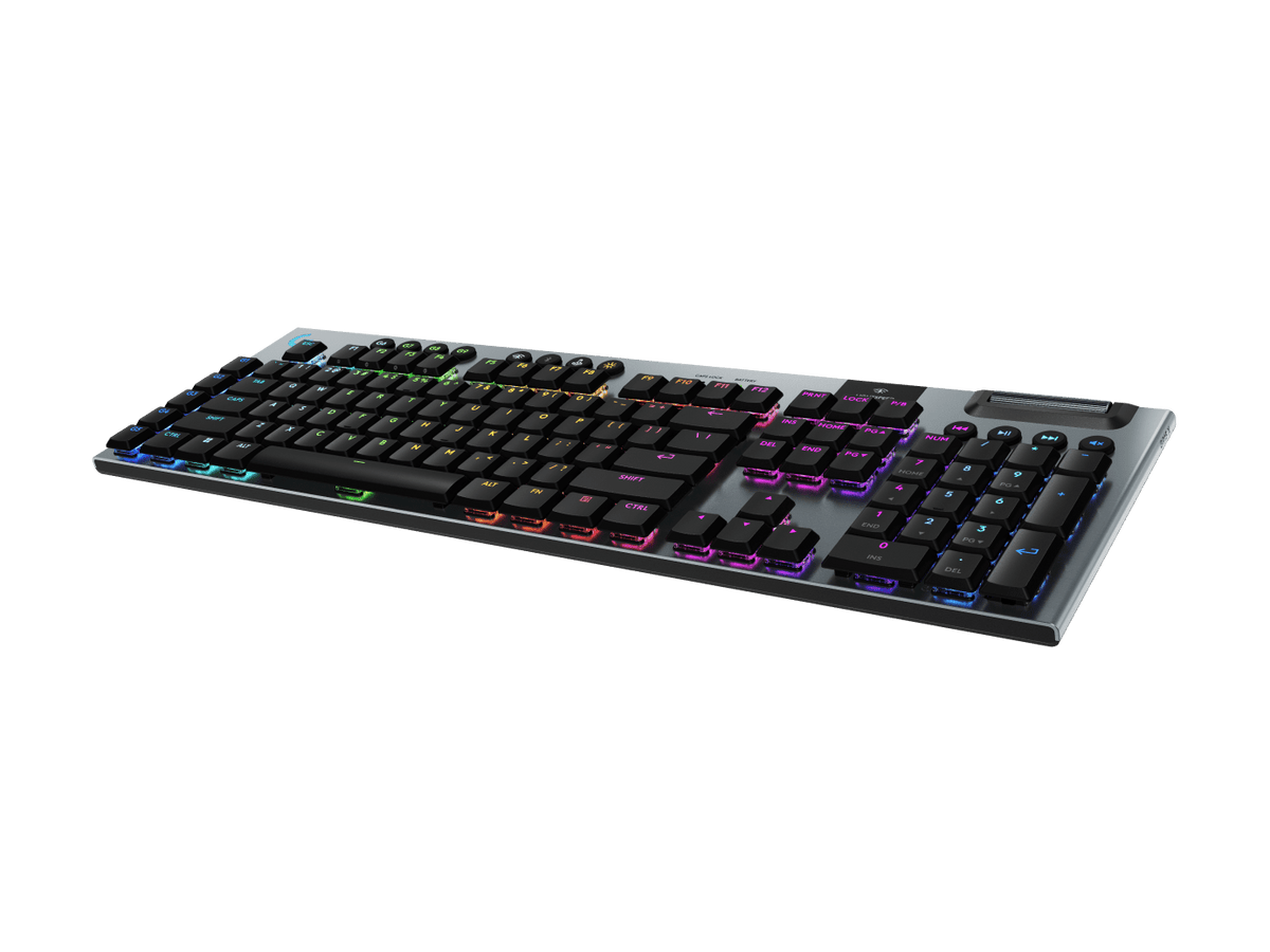 Logitech G915 X LIGHTSPEED with RGB lighting from an angle