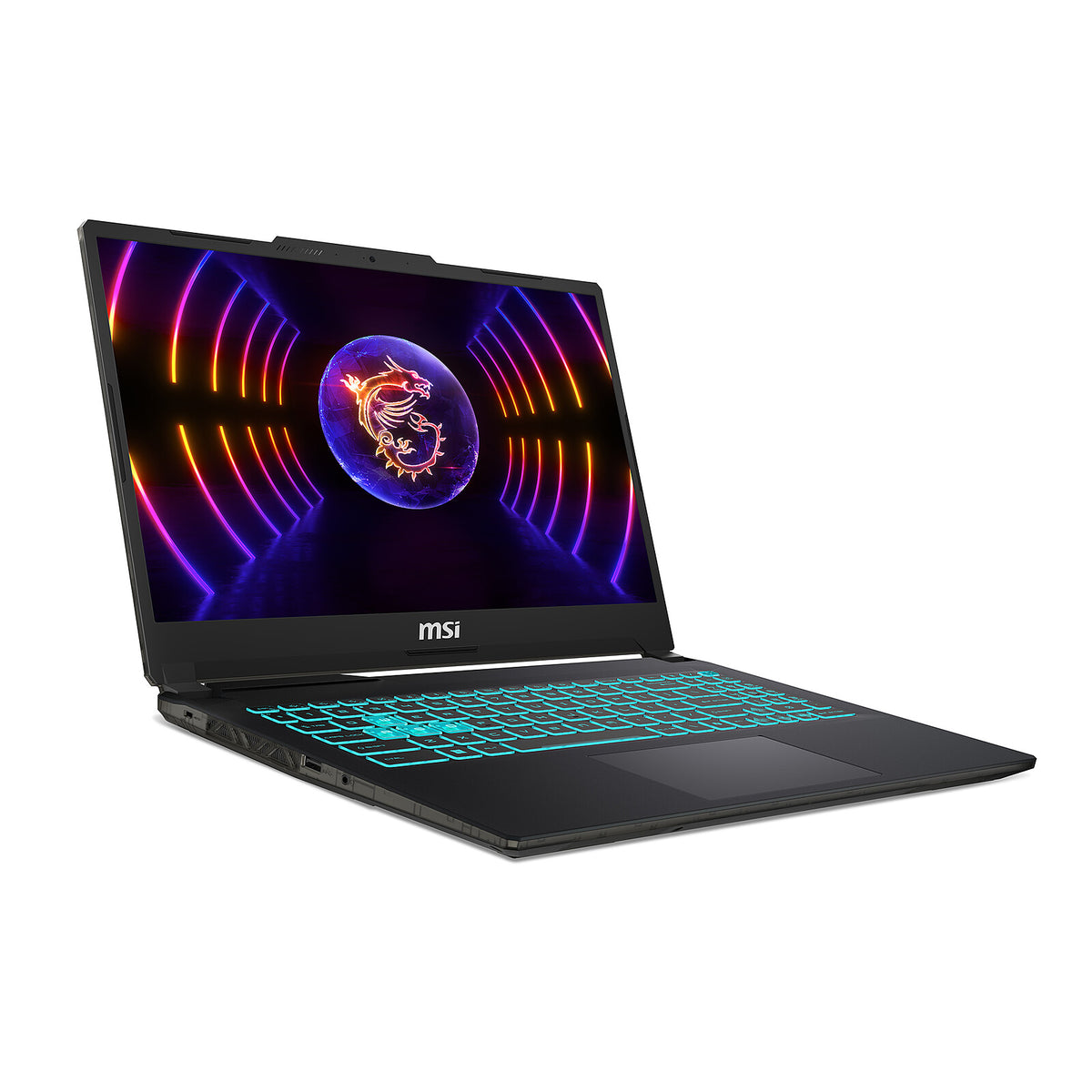MSI Cyborg 15 open from a left three-quarter angle with the blue backlit keyboard