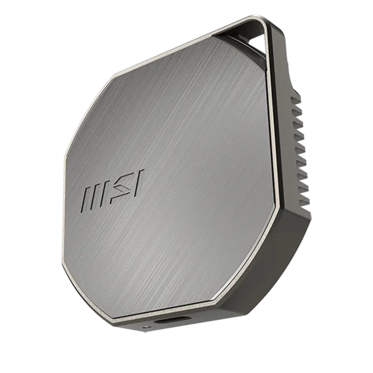 MSI DATAMAG 40Gbps portable SSD at an angle, showing the aluminum body and ribbed edge