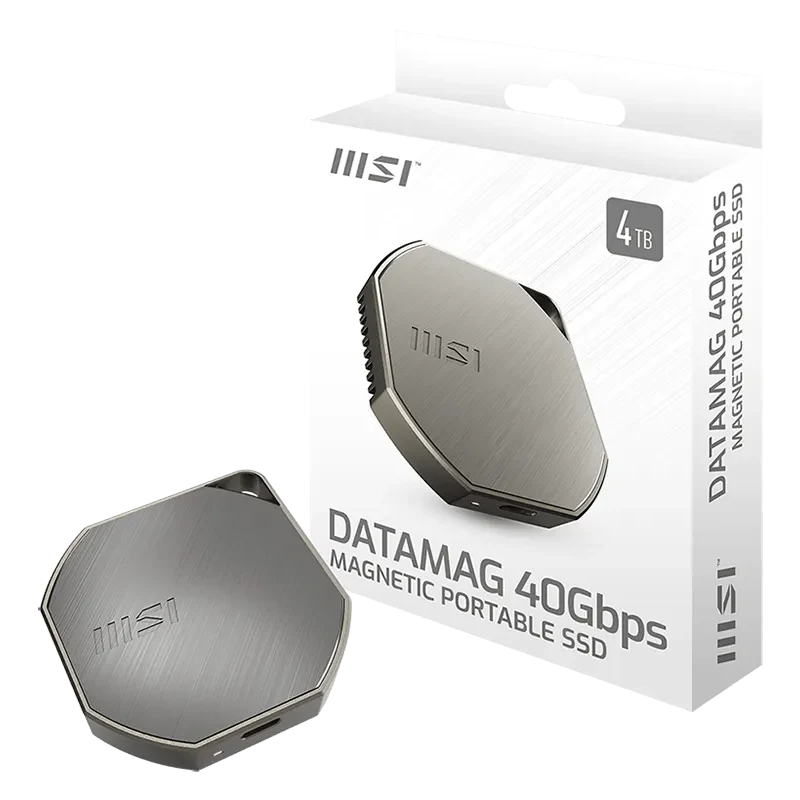 MSI DATAMAG 40Gbps magnetic portable SSD next to its retail box
