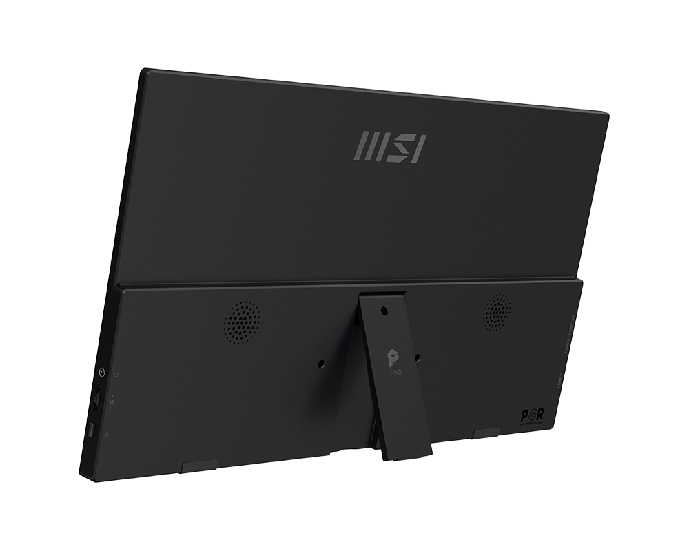 الشاشة المحمولة MSI PRO MP165 E6 من الخلف بزاوية جانبية مع الحامل المدمج