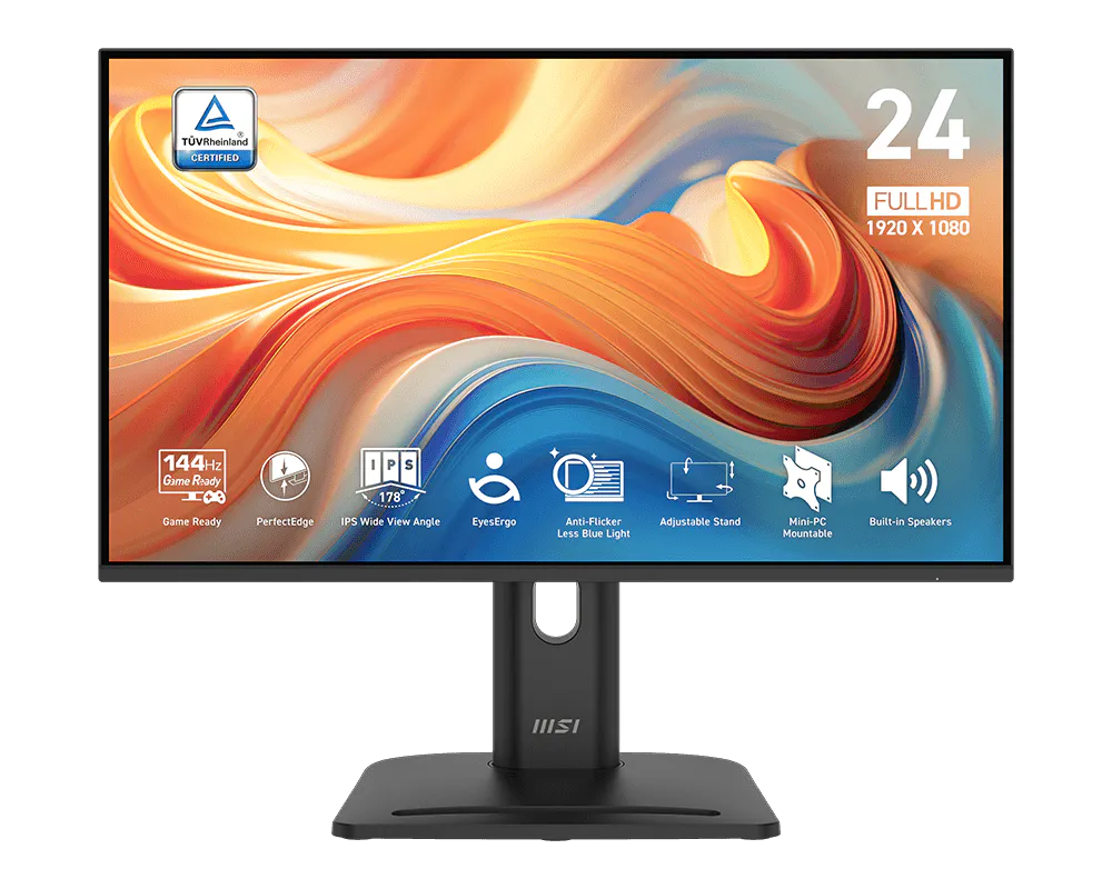 شاشة MSI PRO MP245PG E14 من الأمام مع أيقونات المميزات
