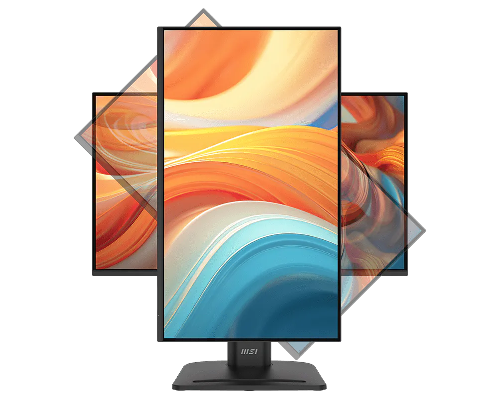 شاشة MSI PRO MP245PG E14 بعد تدويرها إلى الوضع الرأسي على القاعدة