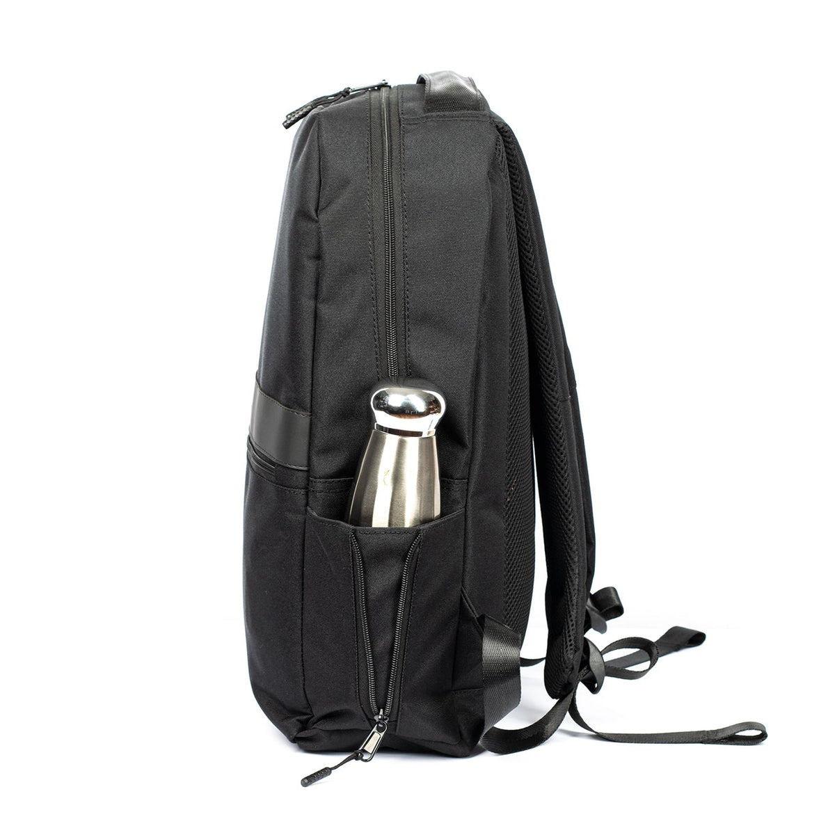 NASEEG X2 15.6-inch slim laptop backpack in Black, side view with water bottle pocket