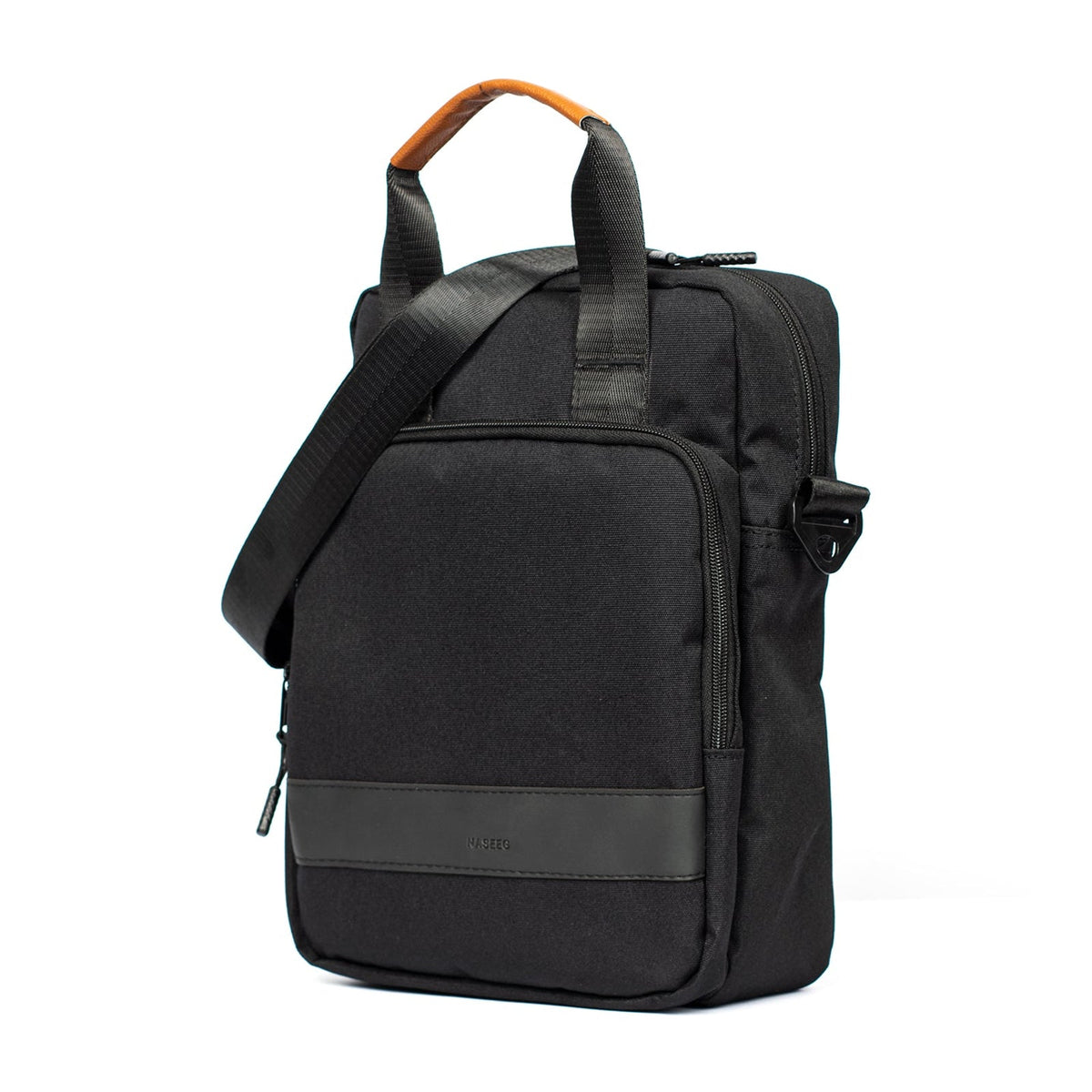 NASEEG X3 13-inch tablet crossbody bag in Black, angled front view
