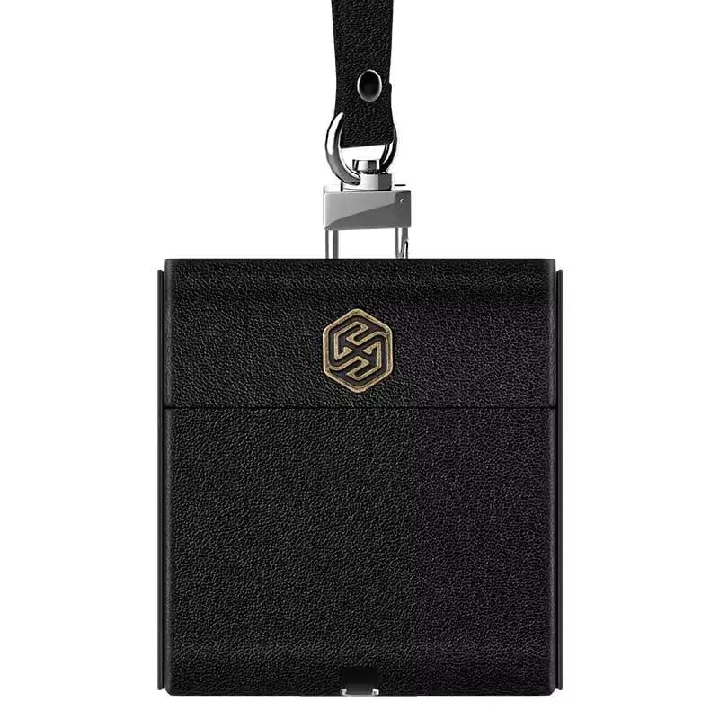 Nillkin black leather wireless charging flip case for AirPods 2 with a strap and metal hook, front view