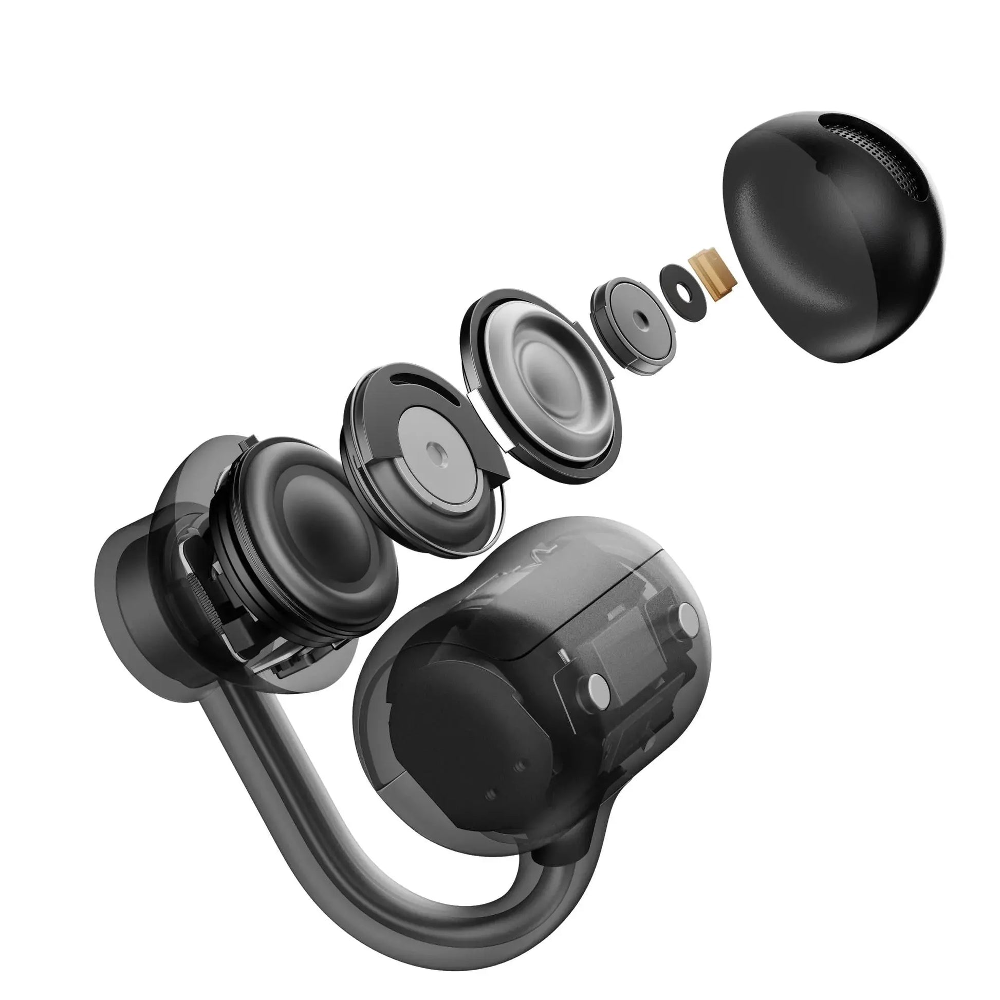 Exploded view of the Nothing CMF Clip Pro earbud showing the 10.8 mm driver and C-bridge