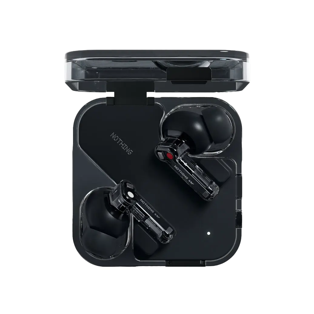 Transparent Nothing Ear charging case in Black with the earbuds inside