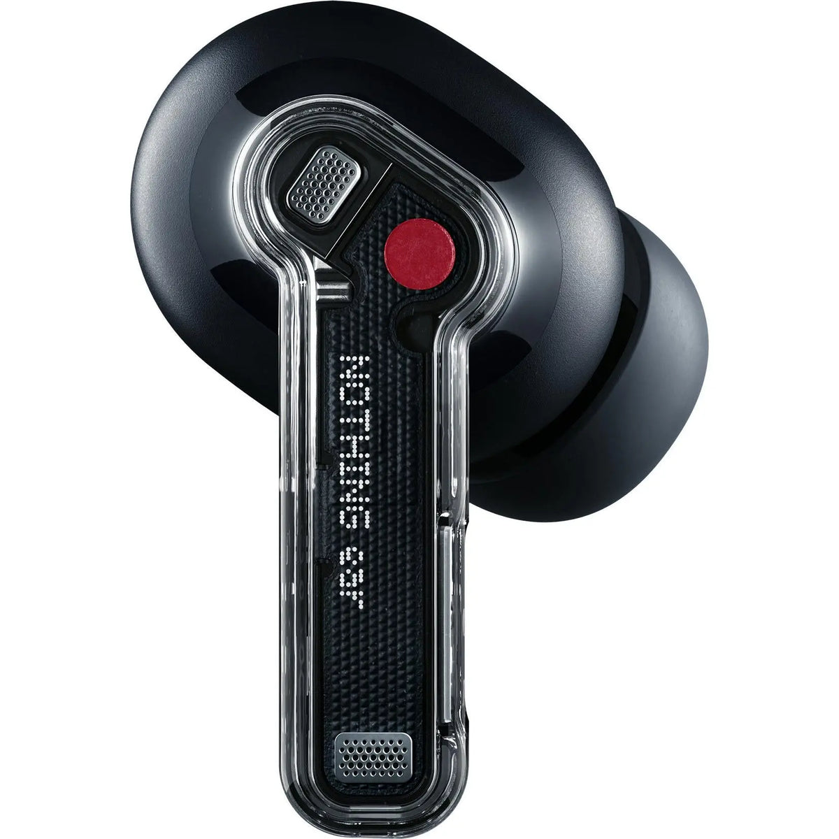 Close-up of a Nothing Ear earbud in Black with the transparent stem