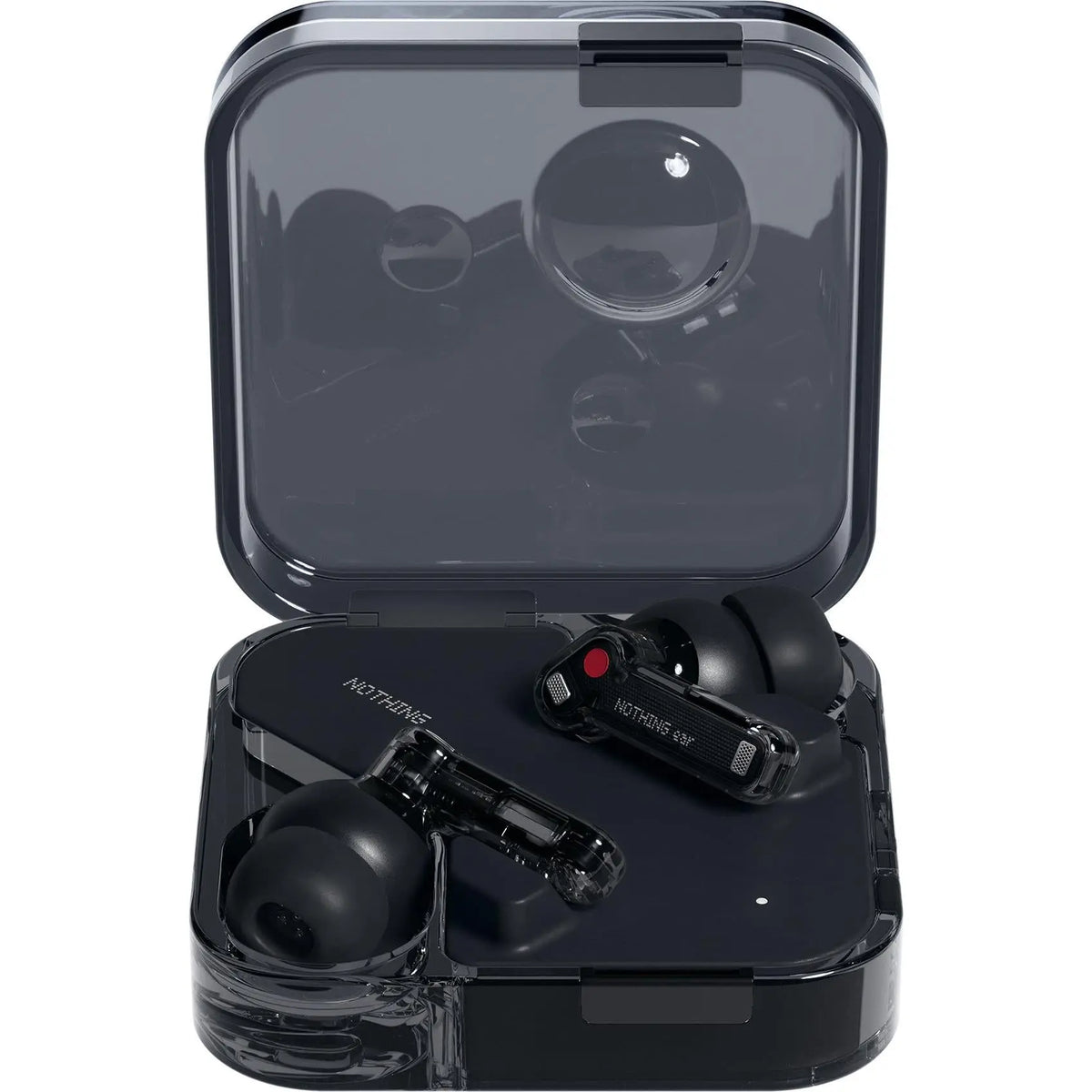 Nothing Ear in Black inside the transparent charging case