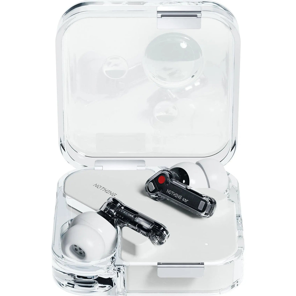 Transparent Nothing Ear charging case in White with the earbuds inside