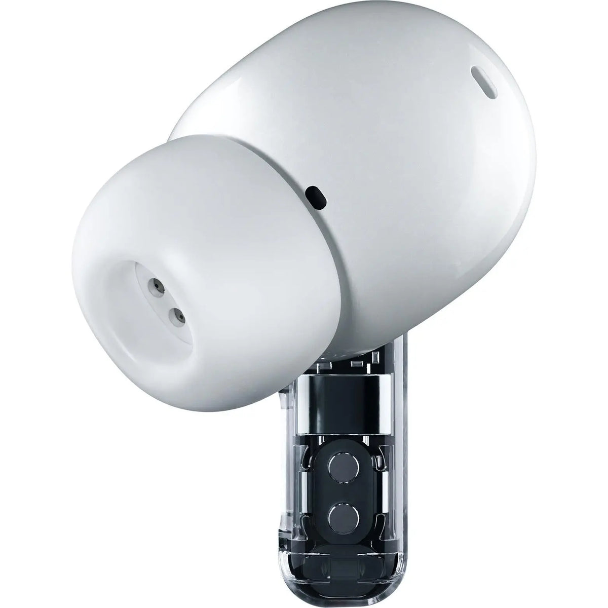 Close-up of a Nothing Ear earbud in White showing the ear tip