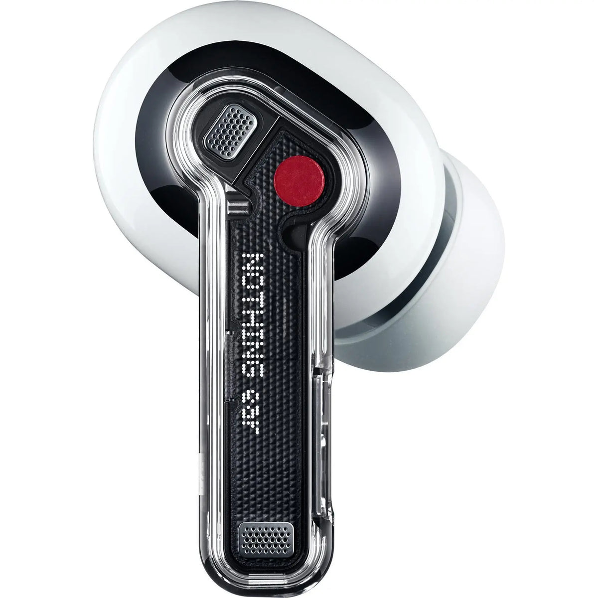 Close-up of a Nothing Ear earbud in White with the transparent stem