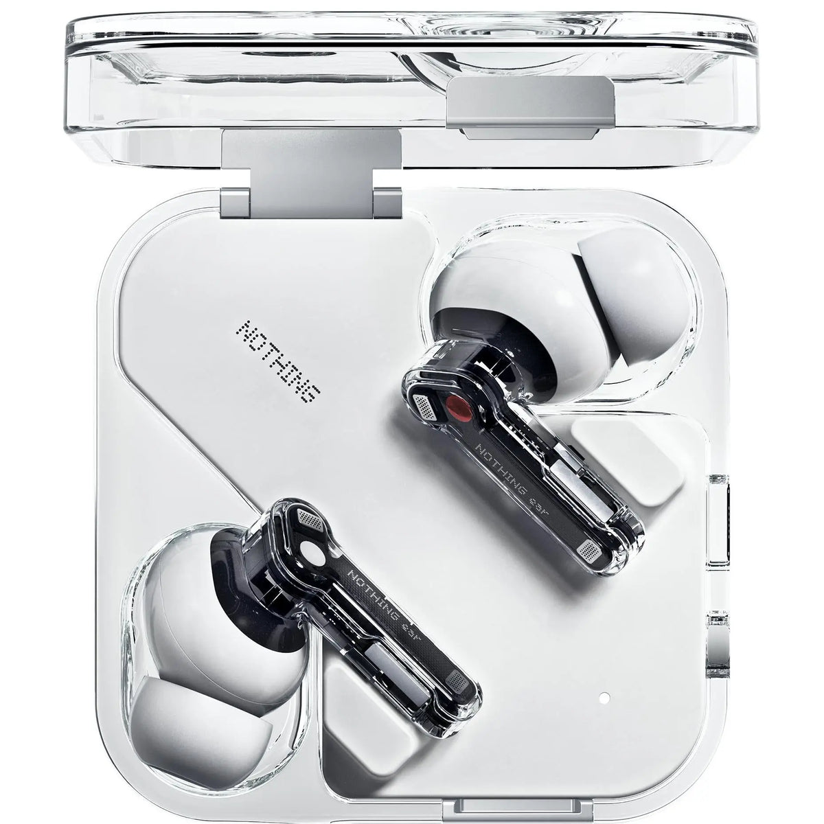 Nothing Ear in White inside the transparent charging case