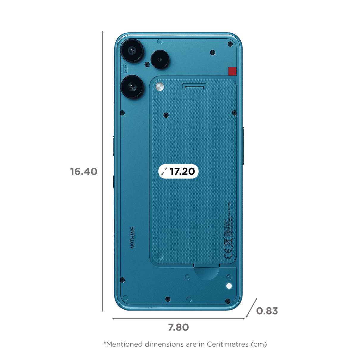 Nothing Phone (3a) Lite in Blue, back view with dimensions
