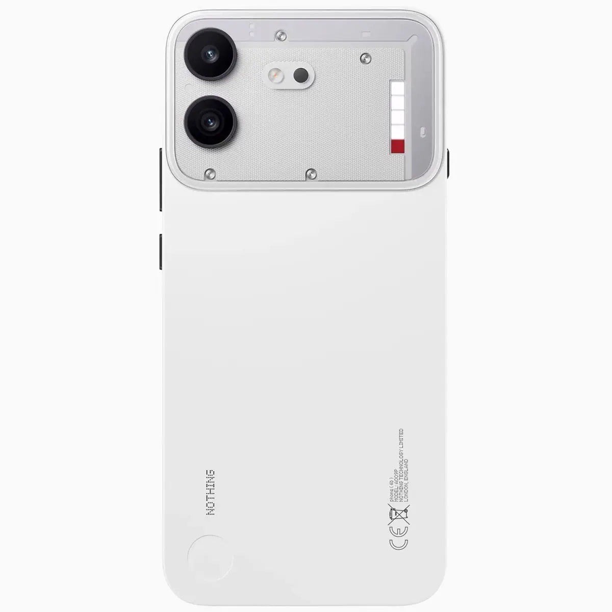 Nothing Phone (4b) in white, back view with dual camera and Glyph Bar