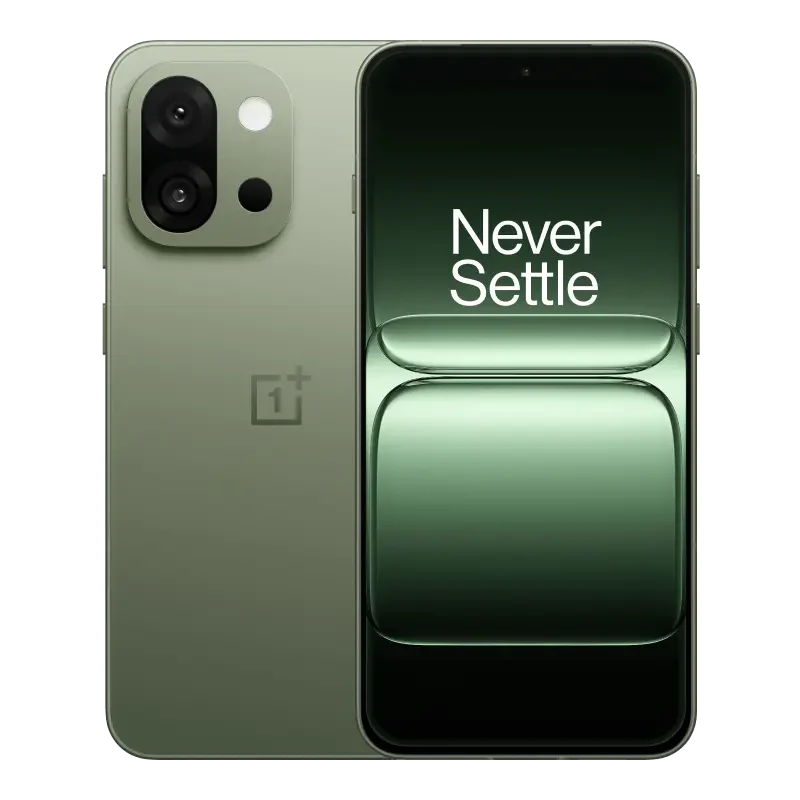 OnePlus 13s in Green Silk, back and front view