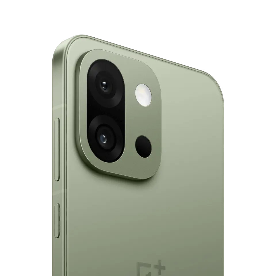 OnePlus 13s in Green Silk, dual rear camera close-up