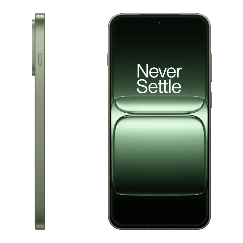 OnePlus 13s in Green Silk, side profile and front display