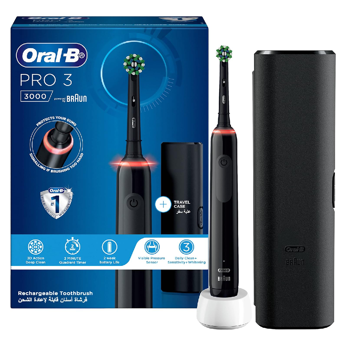 Oral-B Pro 3 3000 box shown with the Black handle and travel case
