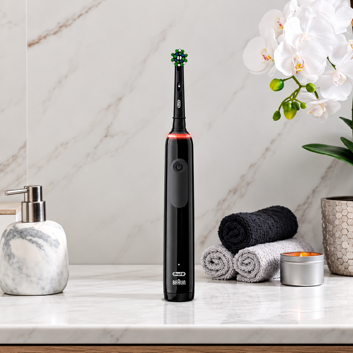 Oral-B Pro 3 3000 electric toothbrush in Black standing on a bathroom counter