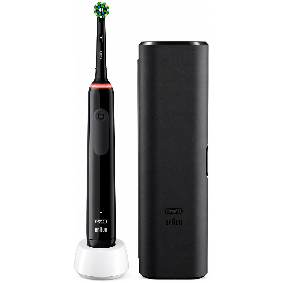 Oral-B Pro 3 3000 electric toothbrush in Black with its travel case and charging stand
