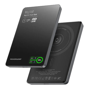 Powerology MagVolt 5000mAh Magnetic Power Bank in Black, front with smart display and back charging side