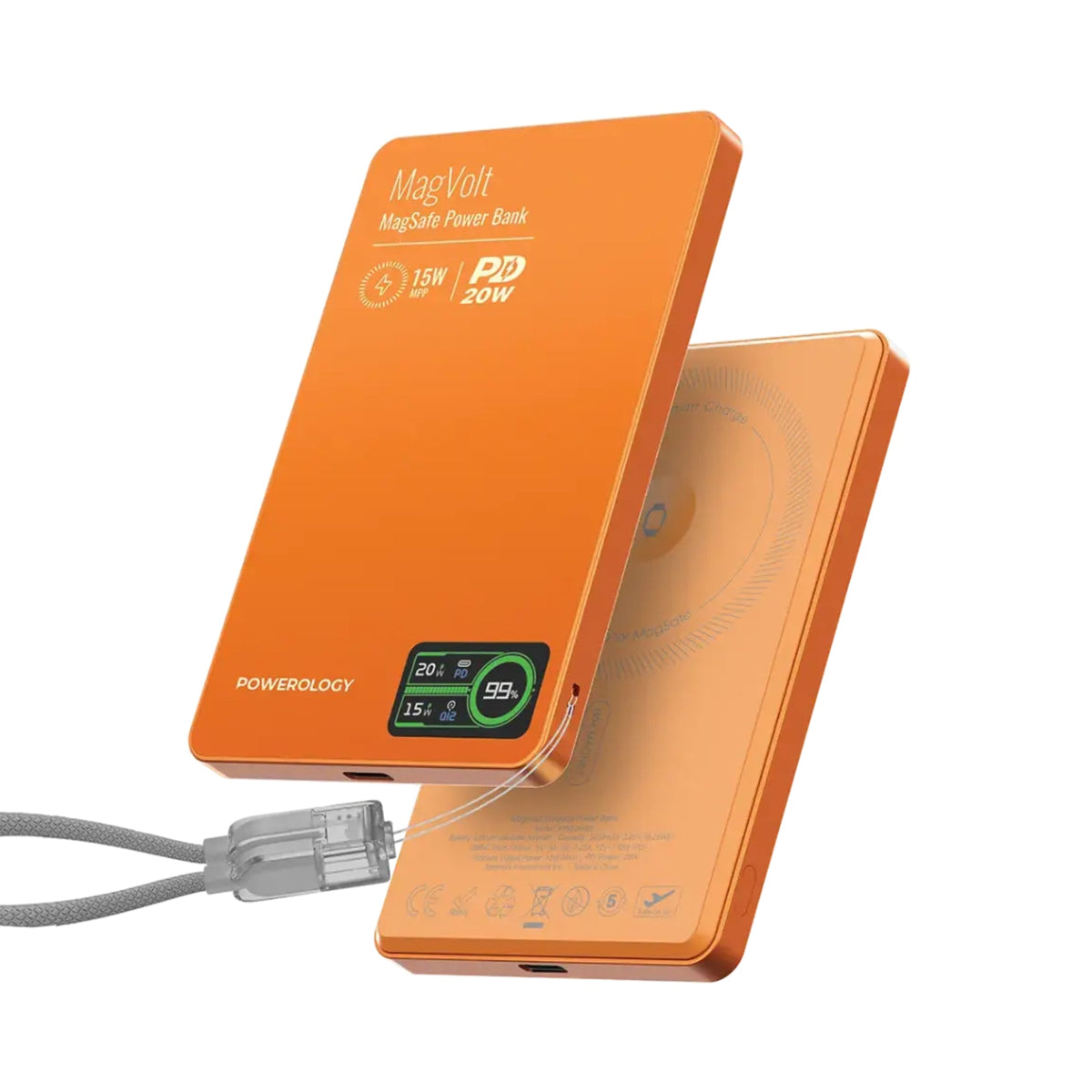 باور بانك باورولوجي MagVolt المغناطيسي 5000 مللي أمبير باللون Orange، من الأمام والخلف مع كابل USB-C