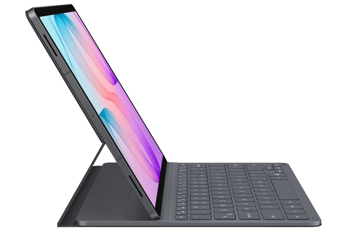 Galaxy Tab S12+ Book Cover Keyboard Slim in typing position, side view