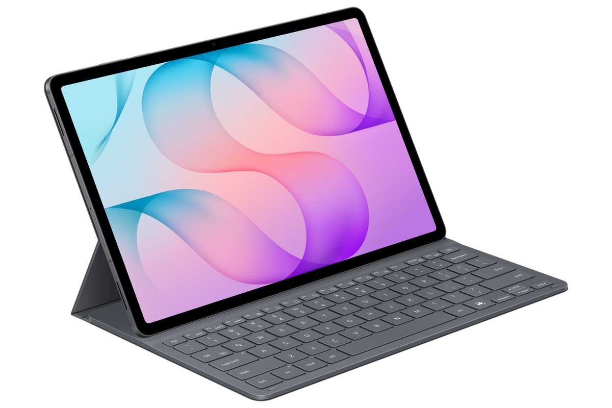 Galaxy Tab S12+ standing in the Book Cover Keyboard Slim, angled view