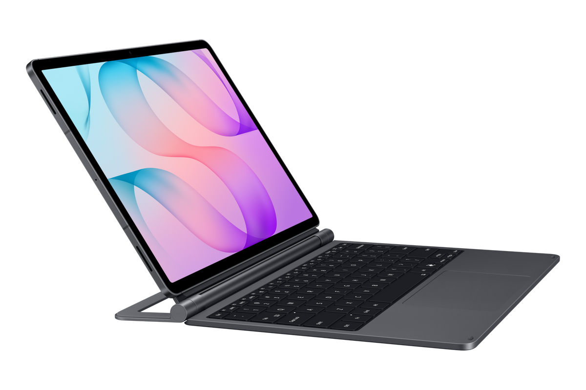 Galaxy Tab S12+ on the Pro Keyboard in Gray, angled view