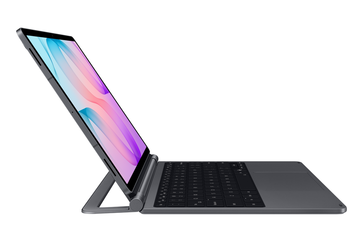 Galaxy Tab S12+ on the Pro Keyboard in Gray, side view