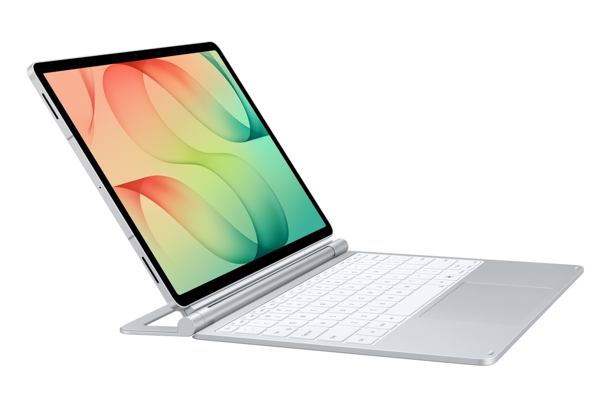 Galaxy Tab S12+ on the Pro Keyboard in Silver, angled view