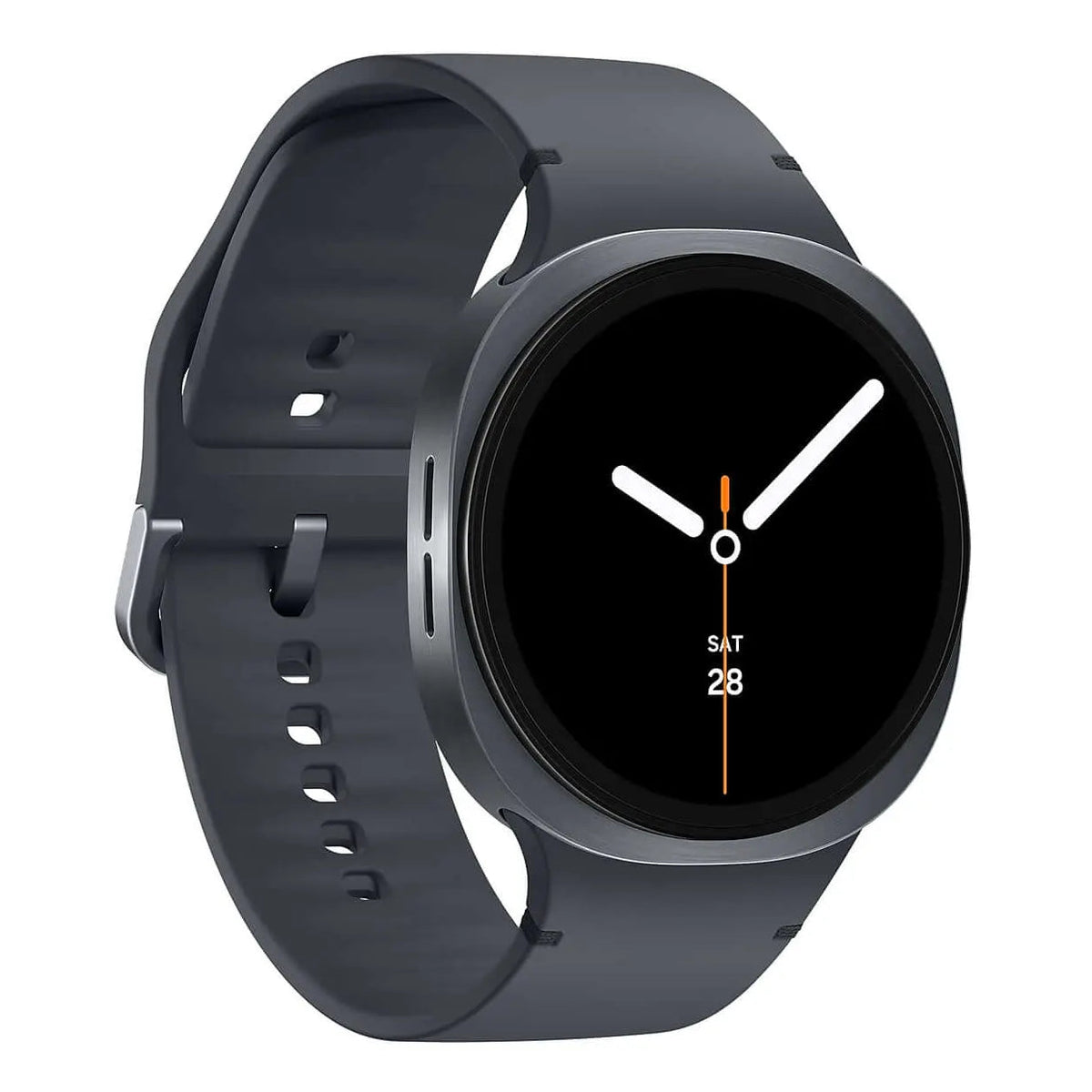 Samsung Galaxy Watch 8 in Graphite, angled view from the left
