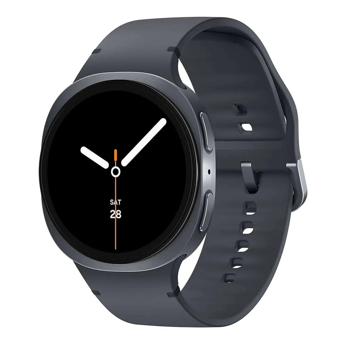 Samsung Galaxy Watch 8 in Graphite, angled view from the right