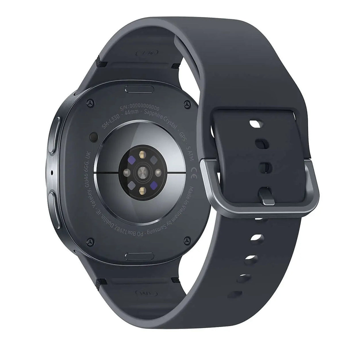 Samsung Galaxy Watch 8 in Graphite, back view showing the health sensors