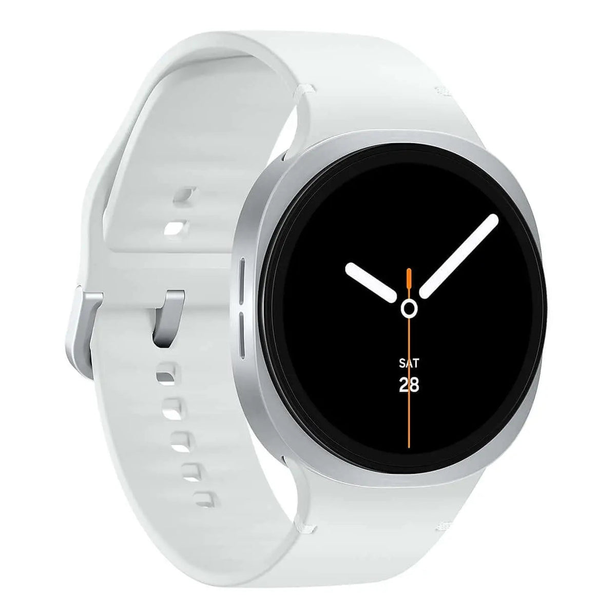 Samsung Galaxy Watch 8 in Silver, angled view from the left