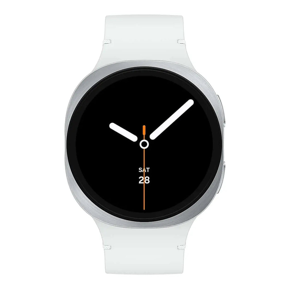 Samsung Galaxy Watch 8 in Silver with a white band, front view