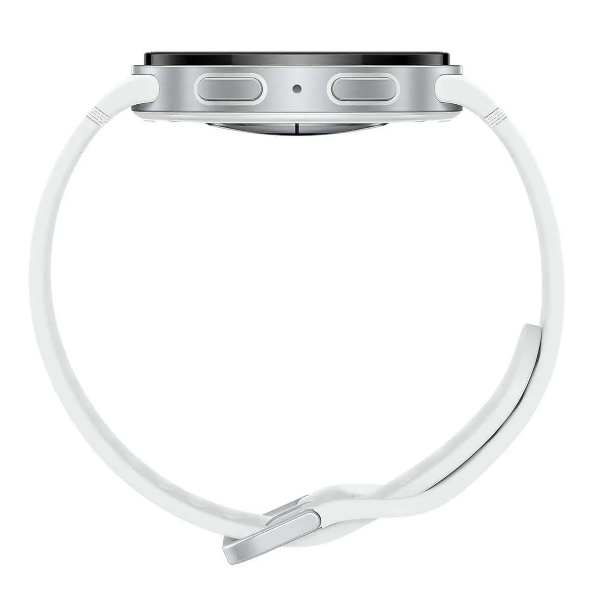 Samsung Galaxy Watch 8 in Silver, side view showing the two buttons and the thin case