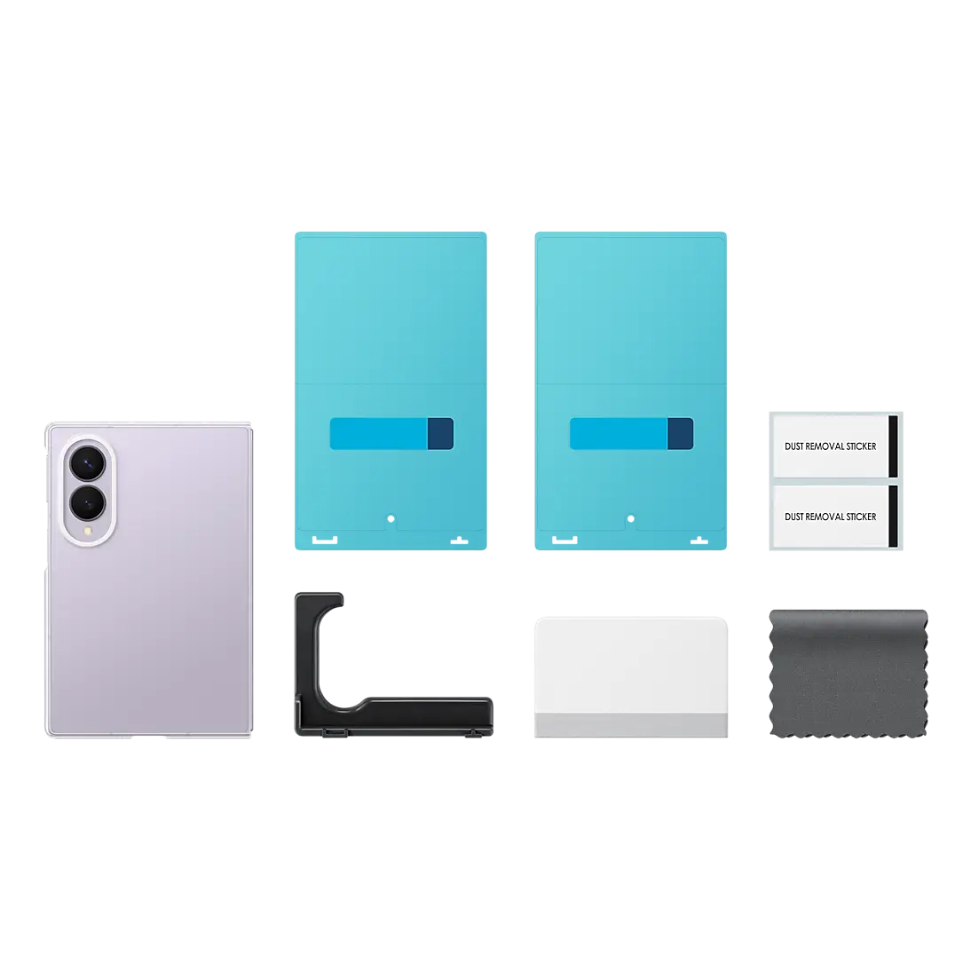 Samsung Galaxy Z Fold 8 Clear Case box contents with two anti-reflecting films and the install kit
