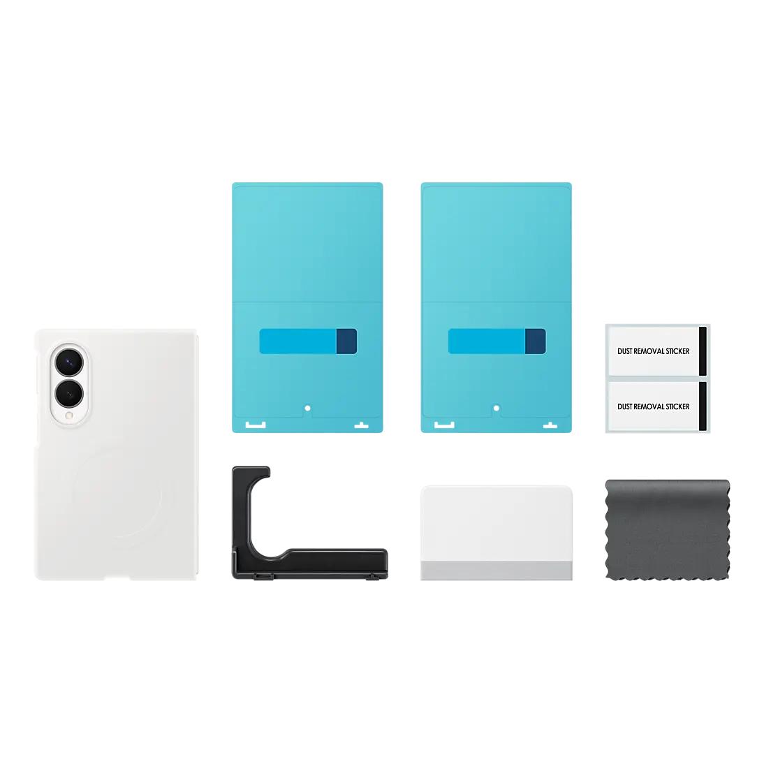 Samsung Galaxy Z Fold 8 Silicone Magnet Case in Cream, box contents with two anti-reflecting films and the install kit