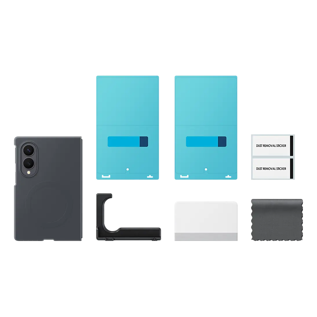 Samsung Galaxy Z Fold 8 Silicone Magnet Case in Graphite, box contents with two anti-reflecting films and the install kit