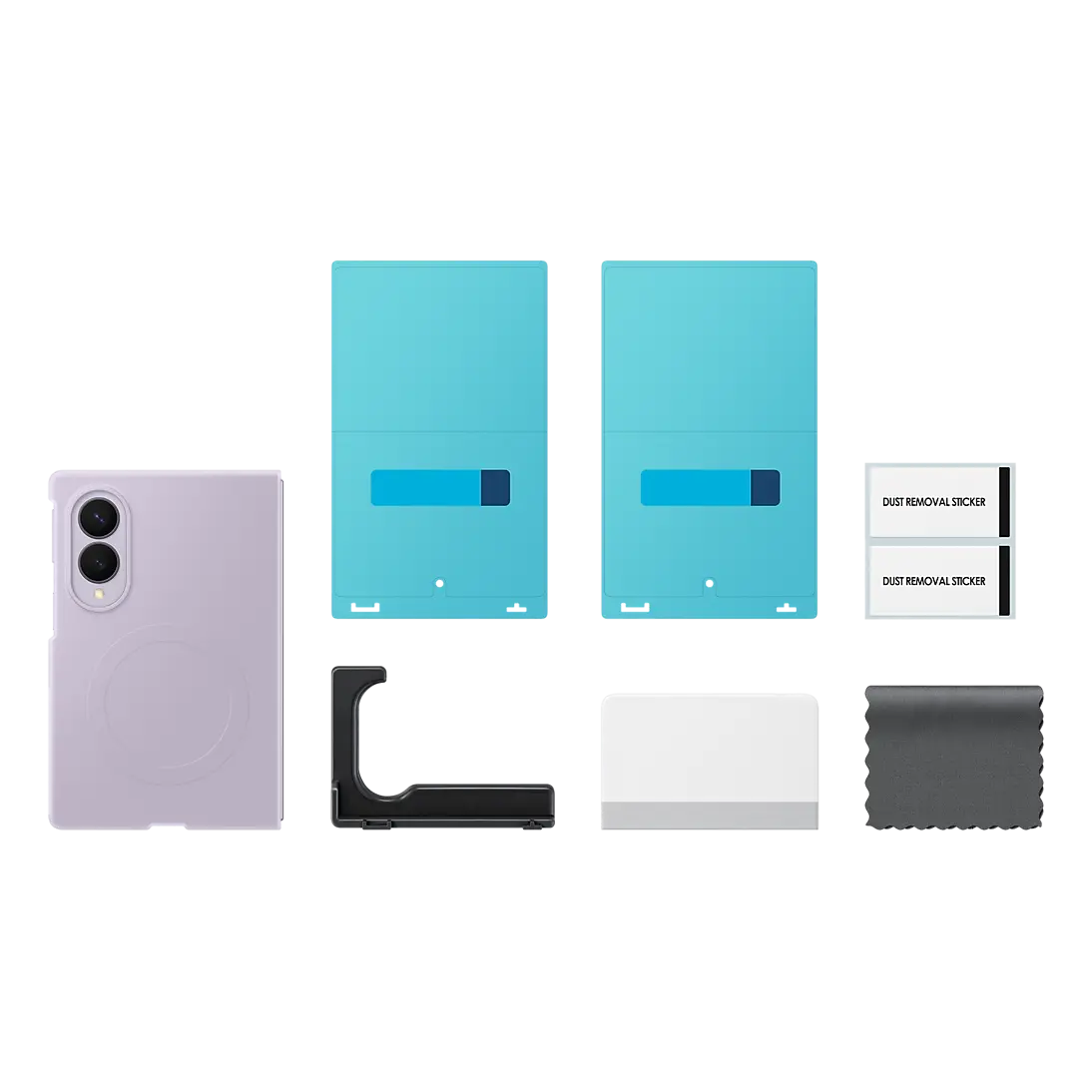 Samsung Galaxy Z Fold 8 Silicone Magnet Case in Lavender, box contents with two anti-reflecting films and the install kit