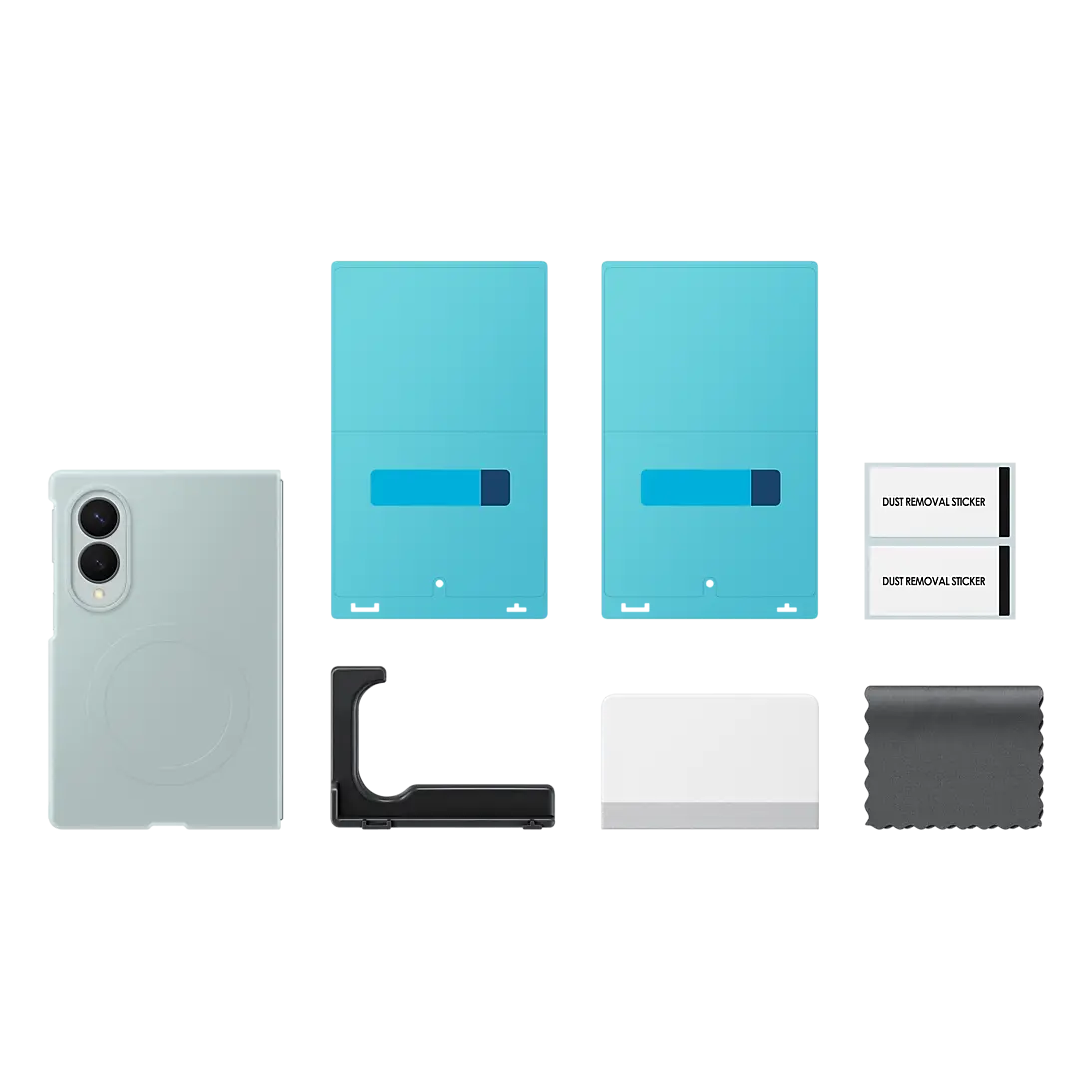 Samsung Galaxy Z Fold 8 Silicone Magnet Case in Pistachio, box contents with two anti-reflecting films and the install kit