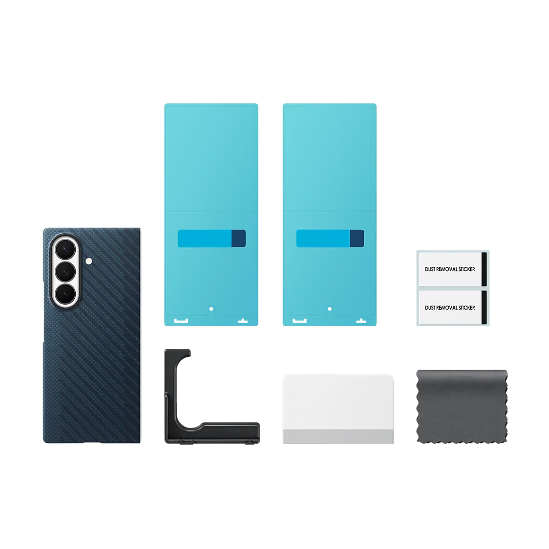 Samsung Galaxy Z Fold 8 Ultra Carbon Magnet Case in Blue, box contents with two anti-reflecting films and the install kit