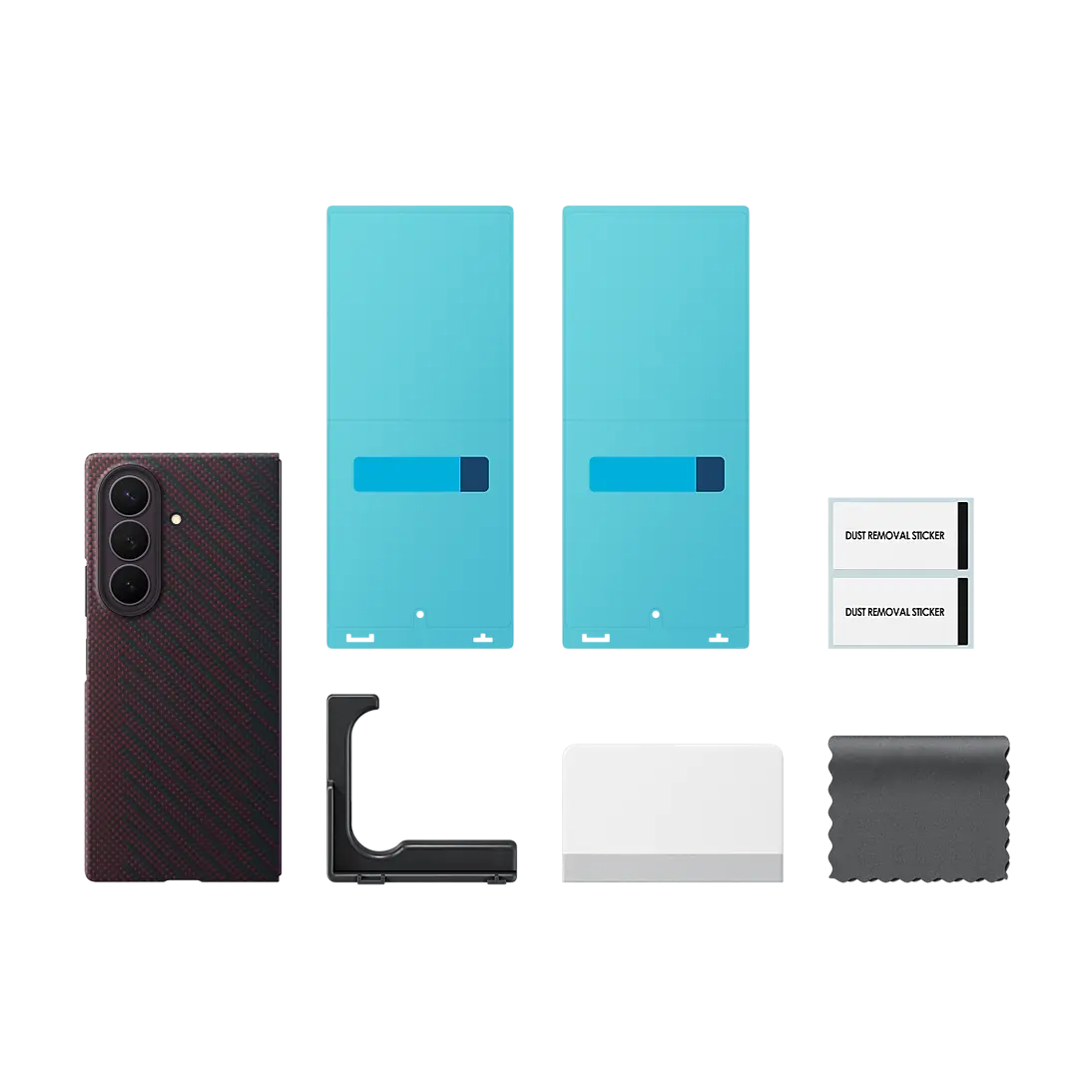 Samsung Galaxy Z Fold 8 Ultra Carbon Magnet Case in Violet, box contents with two anti-reflecting films and the install kit