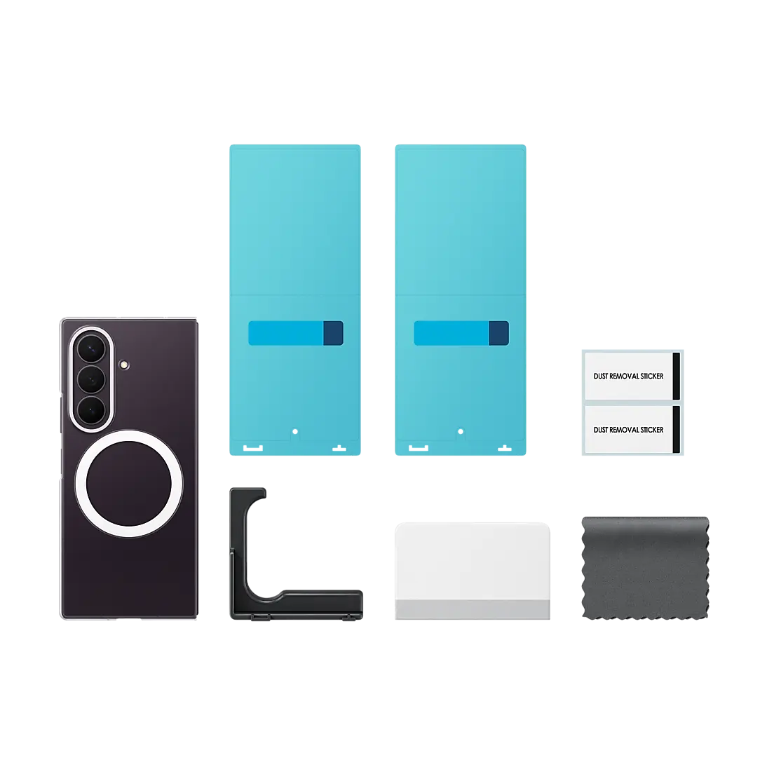 Samsung Galaxy Z Fold 8 Ultra Clear Magnet Case box contents with two anti-reflecting films and the install kit