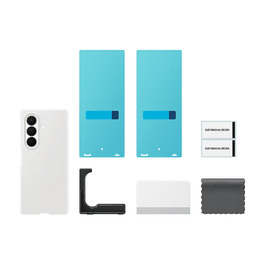 Samsung Galaxy Z Fold 8 Ultra Silicone Magnet Case in Cream, box contents with two anti-reflecting films and the install kit