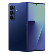 Samsung Galaxy Z Fold7 in Blue Shadow, back and cover screen at an angle